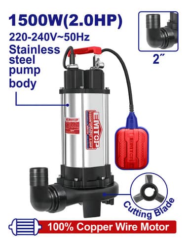 Bomba Sumergible Pozo Negro 1500w 2hp Triturador Emtop Ewppqd15001 Para Agua Sucia Plateado