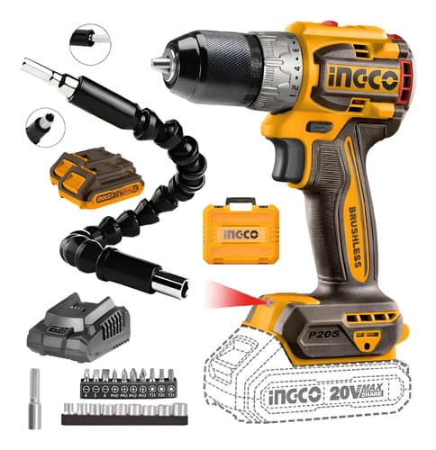 Taladro Atornillador 20v Ingco Brushless Portátil + Extensor Amarillo 50 Hz 60 Hz