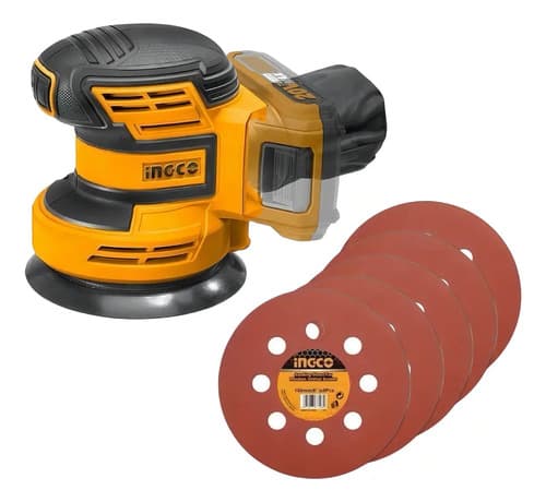 Ingco Lijadora Rotorbital Inalambrica Ionlitio 20v 10000rpm Color Amarillo