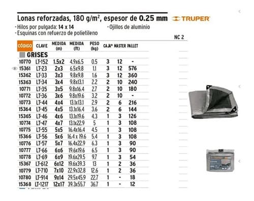 Lona Reforzada, 6 X 9 M, Gris Truper 10778