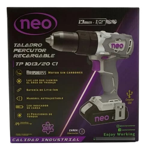 Taladro Percutor A Bateria C/1 Batería 20v Brushless Neo Gris