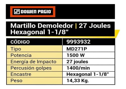 Martillo Demoledor Eléctrico Dowen Pagio Magnum Md271p Sds Max 118mm 1.5kw 27j