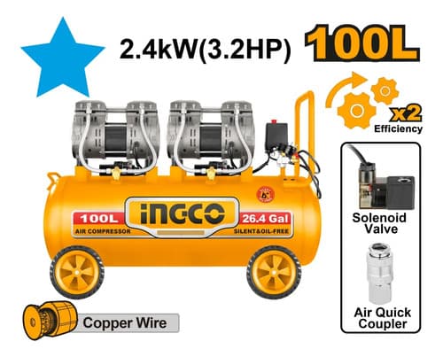 Compresor De Aire 100l 3.2hp 8bar (libre De Aceite) Ingco Naranja Claro 220-240v50hz Monofásica