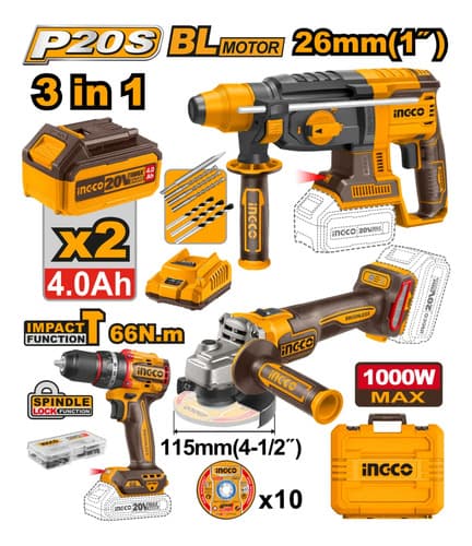 Kit Set 20v Taladro Amoladora Rotomartillo Ingco Cosli241198