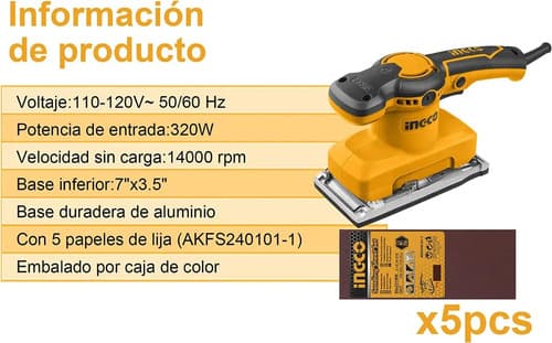 Lijadora Orbital Ingco 320w, Base Rectangular, 5 Lijas. Hnt Naranja 50 Hz/60 Hz