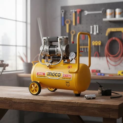 Compresor 24lt 1.5hp Libre De Aceite Bajo Ruido Ingco Amarillo 50hz/60hz Bifásica