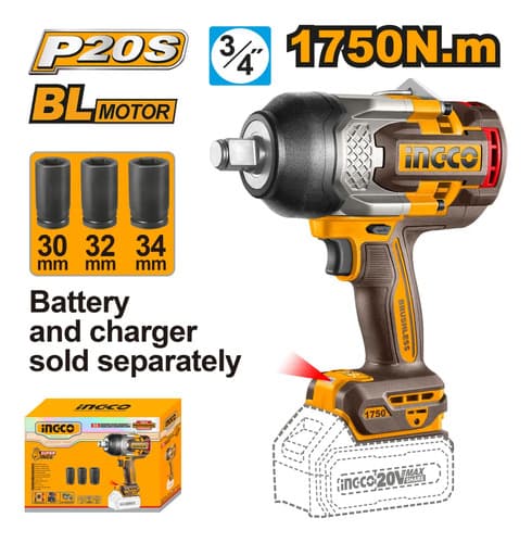 Llave De Impacto 1750nm 20v + 3 Dados Sin Bat Ingco 50/60hz Amarillo