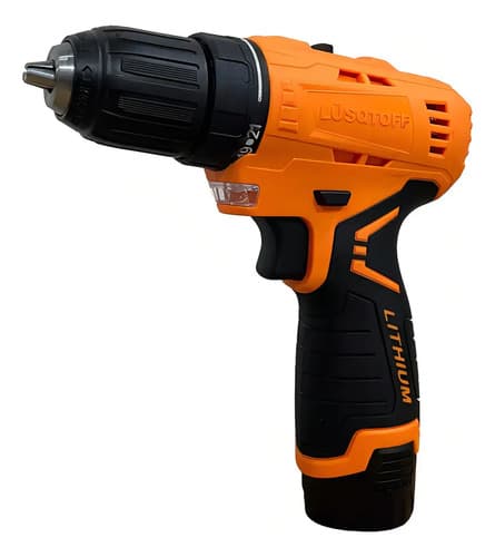 Taladro Atornillador Inalambrico Lusqtoff 2 Baterias 12v + Kit 32 Acc Naranja