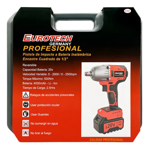 Llave Impacto Reversible Enc. 1/2 + 1 Batería 20 V. | 500 Nm | 2500 Rpm | Eurotech Rojo
