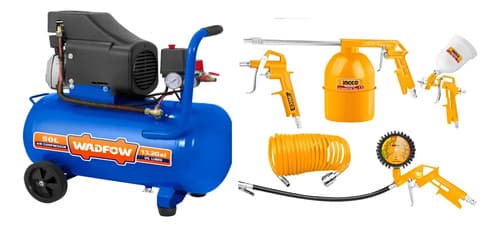 Compresor De Aire 50 Litros, Regulador Presion + Kit 5 Pcz Amarillo 220v Monofásica