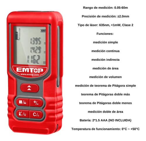 Medidor Láser Emtop Emdl1516 60m Precisión 2mm Rojo Portátil