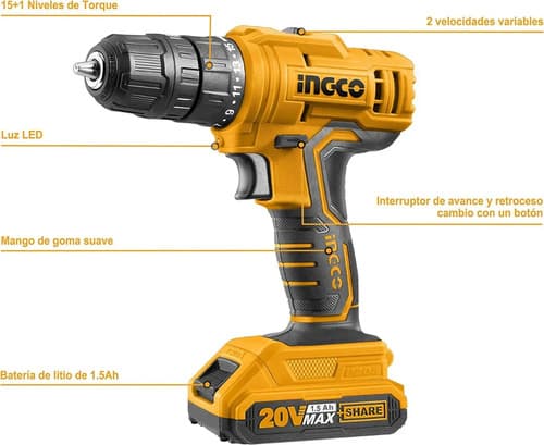 Atornillador Ingco 20v, Bateria 1.5ah, Cargador Amarillo