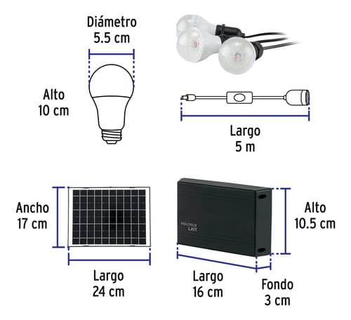 Sistema De Iluminación Solar 6 W Con 3 Lámparas Led, Volteck Negro