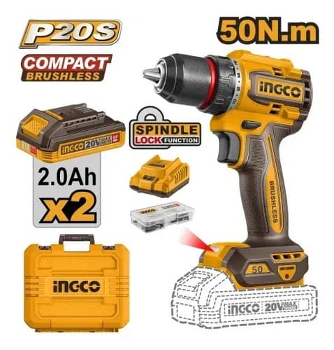 Taladro Ingco Atornillador A Bateria 20v 50nm Con 2 Bat 2.0ah + Cargador + Accesorios + Valija Cdli205062 Amarillo 50/60