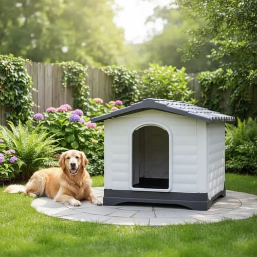 Casa De Perro Raza Grande Con Puerta Lateral Techo Gris