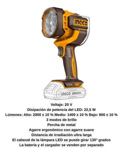 Linterna 2000 Lumens 20v S/bateria Cwli2088 Ingco Linterna A Blanca Amarillo