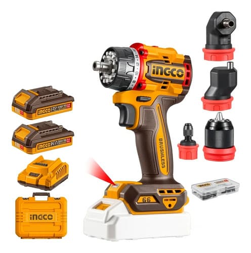 Taladro Multicabezal 4 En 1  20v 2 Bat 2.0ah  + Valija Ingco Naranja Claro 20v