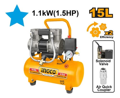 Compresor 15lt 1.5hp Libre De Aceite Bajo Ruido Ingco Acs11 Naranja Oscuro 50 Hz /60 Hz Monofásica