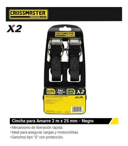 Cincha Cinta Amarre 2 Unidades 2m X 25mm 408 Kg Crossmaster Color Negro