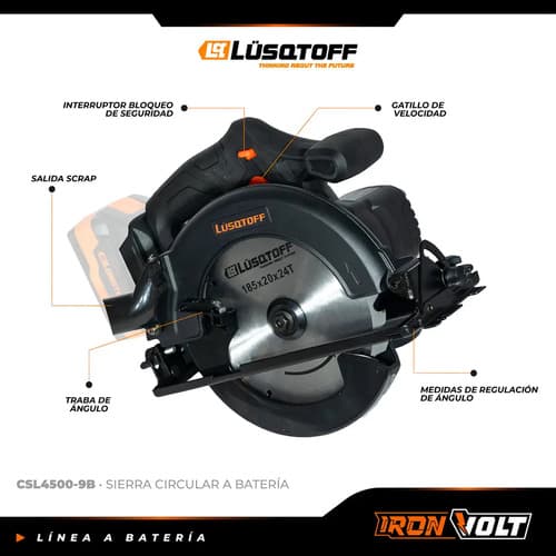 Sierra Circular Inalámbrica Brushless Profesional Black Series 20v 185mm Lusqtoff Frecuencia 50hz Csl4500-9b Negro