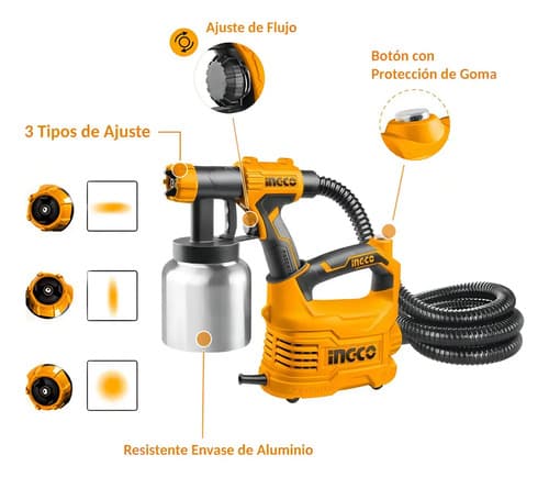 Pistola Rociadora Eléctrica Ingco De Aluminio Con Tacho De 800ml Amarillo