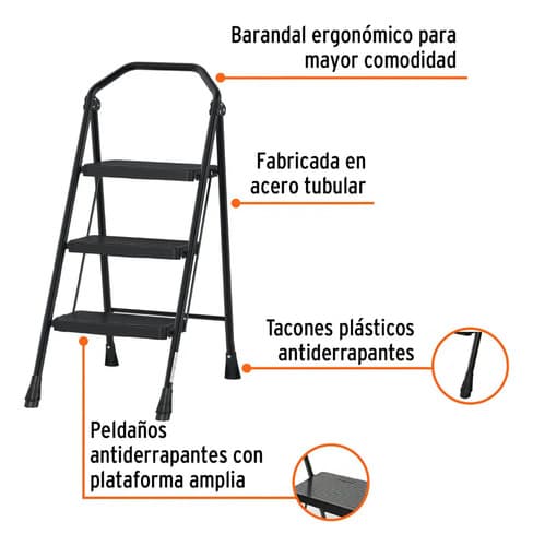 Escalera Tubular Plegable Compacta 3 Peldaños Truper 103143 Color Negro