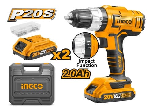 Taladro Atornillador Percutor Impacto 20v Ingco 2 Baterias Amarillo 50
