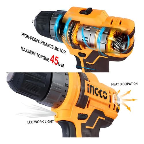 Taladro Atornillador Inalámbrico 20v Extensor Dado Puntas Color Marrón Frecuencia 60 Ingco Cdli200518 Hbrd-full-set