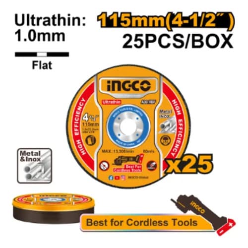 Set 25 Discos Corte Ultrafino 4 1/2'' Metal E Inox Ingco Naranja
