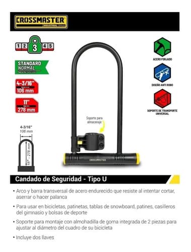 Candado De Seguridad Tipo U 106 Mm Crossmaster 9933402 Negro