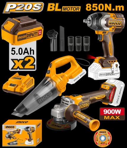 Kit Llave Impacto 850nm + Amoladora + Aspiradora Ingco