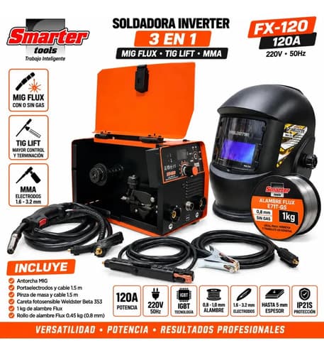 Soldadora 120a  Mig Flux Mma 3 En 1 + Careta Fotocromatica Naranja