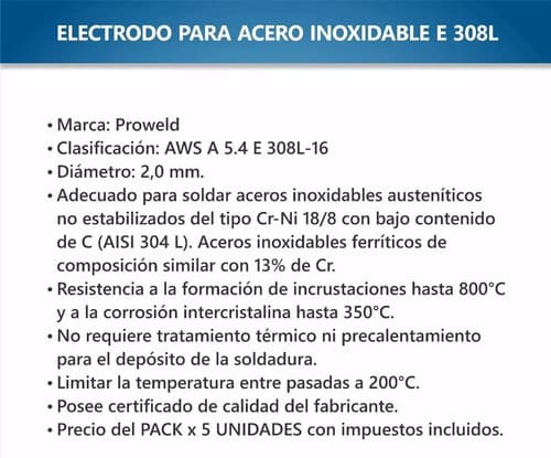 Electrodos Para Acero Inoxidable E308l 2,0mm Proweld Gris