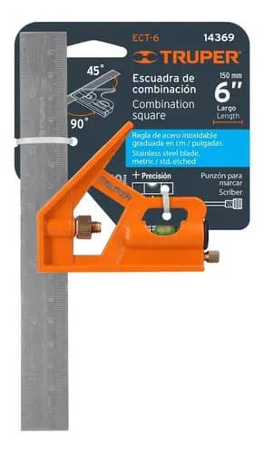 Escuadra De Combinación 6'' Rectificada Nivel Truper 14369 Naranja Claro