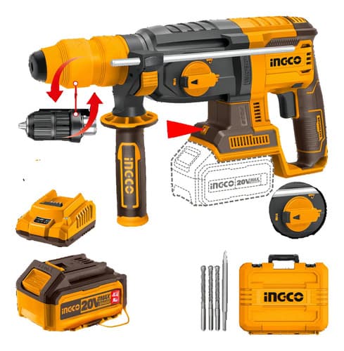 Rotomartillo Inalámbrico Industrial Con Adaptador De Mandril (4 Funciones) 2 Baterías 4ah Cargador Rápido Ingco Amarillo 50hz/60hz