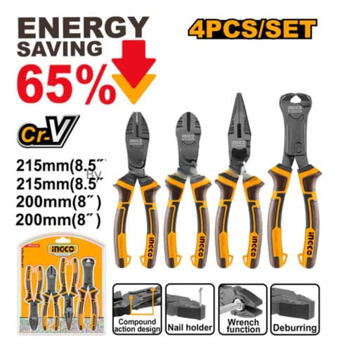 Set X 4 Pinzas Multiuso Energy Saving 65% Cr-v Ingco Hkcps58