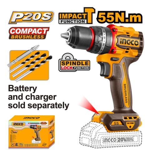 Taladro Atornillador Bateria Ingco 20v P20s 55nm +2 Puntas Naranja