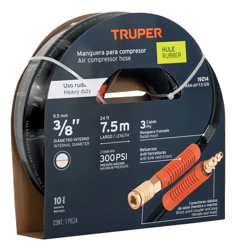 Manguera Compresor Hule 3/8'' X 7.5 Mt Alta Pre Truper 19214 Color Negro