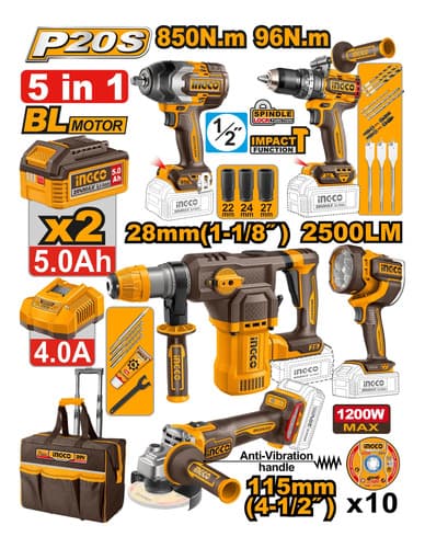 Kit Combo Ingco Taladro + Llave Imp + Esmeril + Rotomartillo