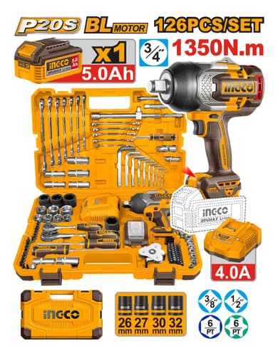 Set Llave De Impacto 1350nm + Accesorio Ingco Hkthp31261 Naranja Claro 50/60