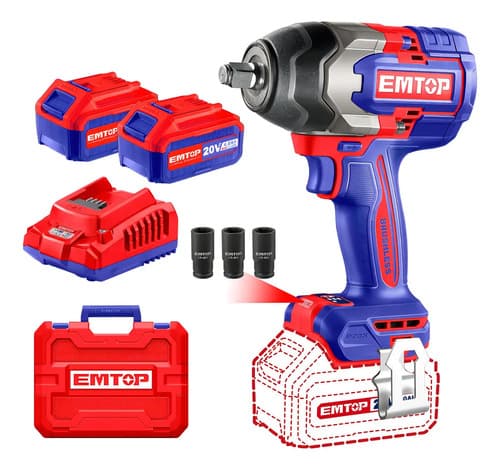 Llave De Impacto 850nm + 2 Baterias 4ah Y Cargador Emtop Color Rojo