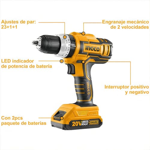 Taladro Inalámbrico Ingco 20v Con 2 Baterías Y Velocidad Variable Amarillo