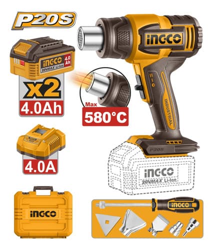 Pistola De Calor 20v 580°c Con 2 Bat 4.0ah Accesorios Ingco Naranja Claro