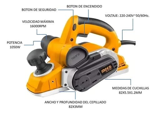 Cepillo De Carpintero Ingco 1050w Pl10508 1600rpm Anaranjado