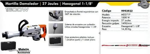 Martillo Demoledor Eléctrico Dowen Pagio Magnum Md271p Sds Max 118mm 1.5kw 27j