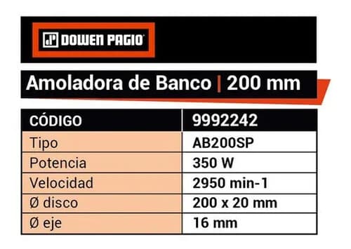 Amoladora De Banco 350 W Dowen Pagio 2 Piedras 200mm - Fc Color Naranja Frecuencia 50 50 Hz