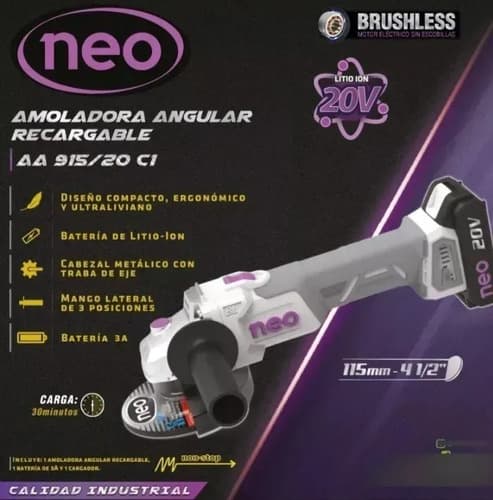 Amoladora Angular Inalambrica Neo Brushless C/ Bateria Gris 50hz