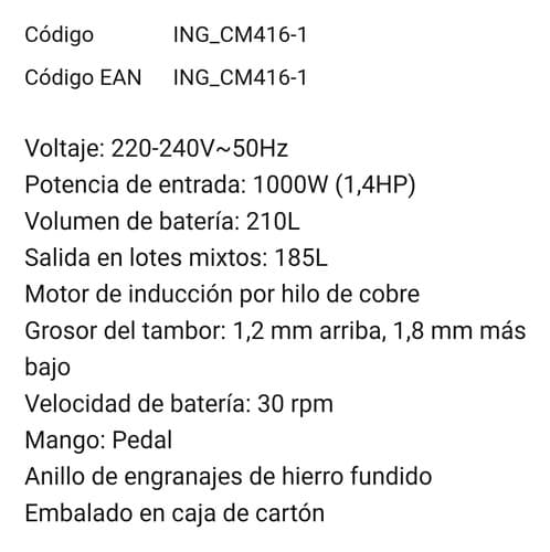 Hormigonera 210l 1000w 1.4hp Ingco, 24 Meses De Garantía