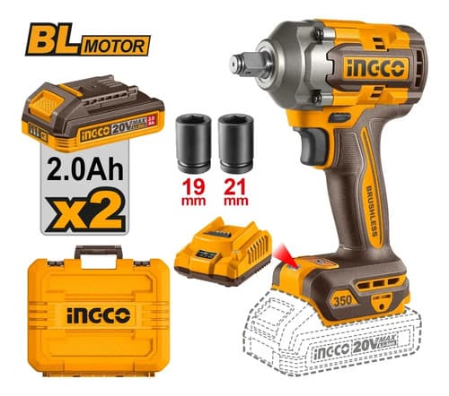 Llave De Impacto 350nm 1/2 Con 2 Bat Ingco Ciwli2035 Naranja Claro Amarillo