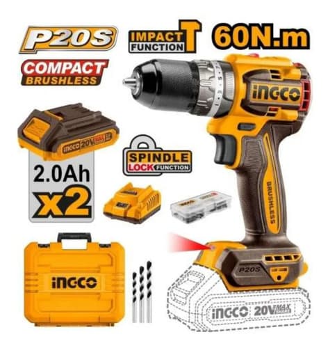 Taladro Percutor Atornillador Ingco 20v, Sin Carbones, 2 Bat Color Naranja Claro Frecuencia 20hz Amarillo 50 Hz